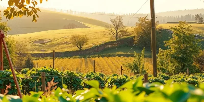 Photorealistic landscape showcasing an orchard full of organic vegetables and fruits.