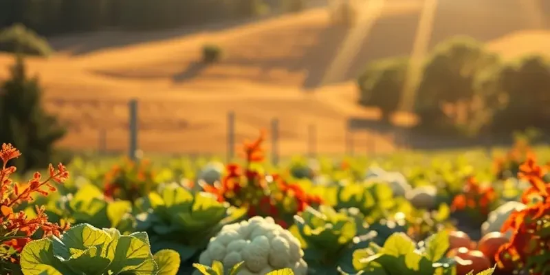 A natural scenery focusing on an abundance of organic fruits and vegetables.