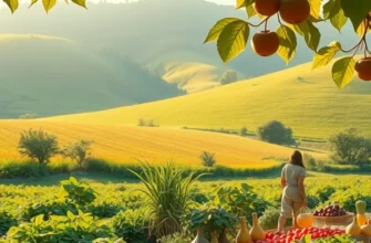 A photorealistic landscape of lush greenery filled with vibrant organic fruits and vegetables.