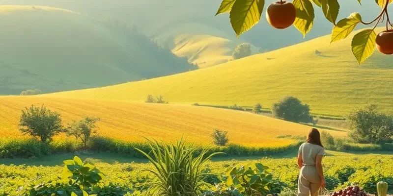 A photorealistic landscape of lush greenery filled with vibrant organic fruits and vegetables.