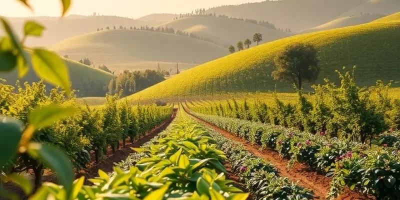 A beautiful and vibrant landscape showcasing healthy fruits and vegetables in a natural setting.