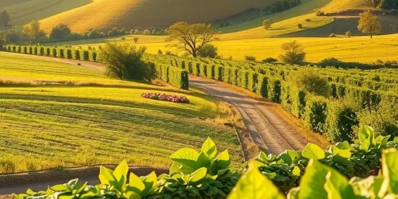 An expansive field filled with vibrant organic vegetables and fruits, bathed in sunlight.