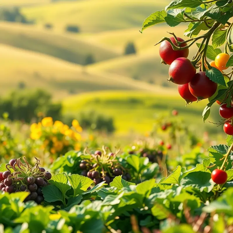 A sunlit orchard showcasing vibrant vegetables and fruits.