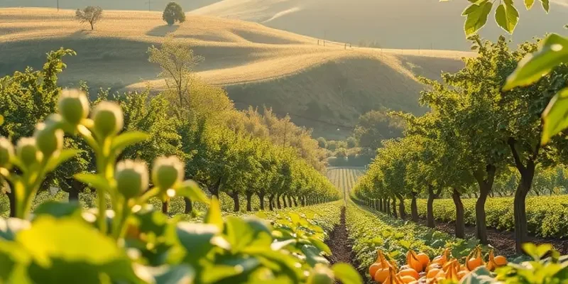 A vibrant sunlit field filled with colorful fruits and vegetables, highlighting nature's abundance.