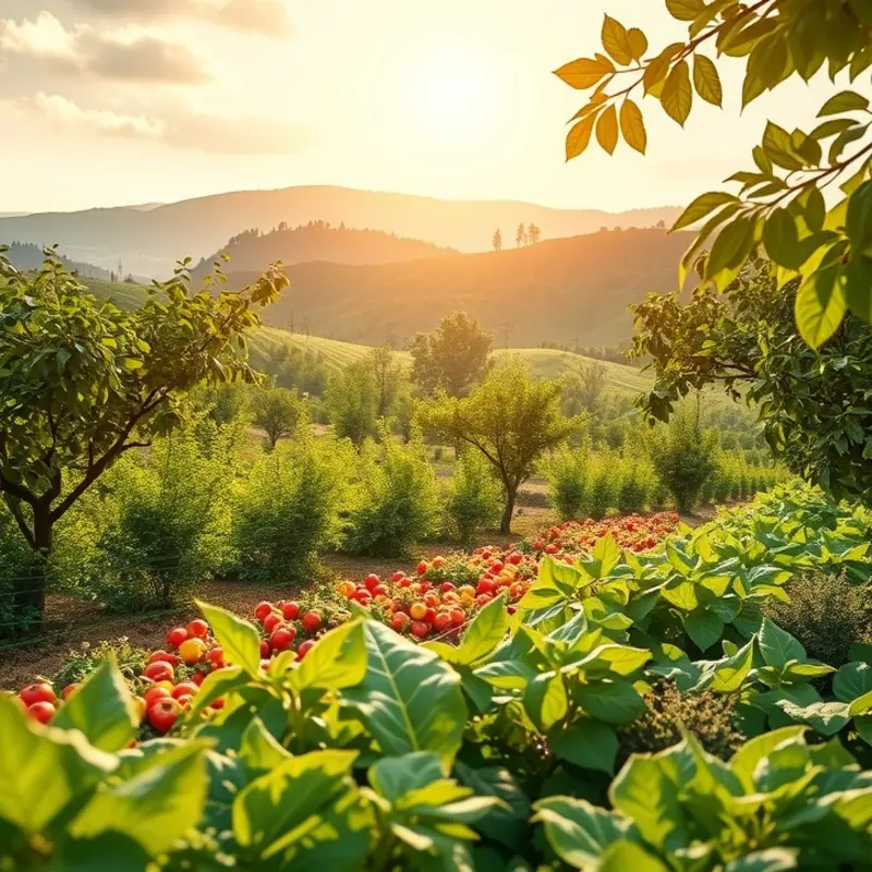 A vibrant sunlit field overflowing with organic produce.