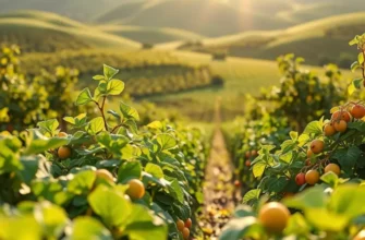 A serene orchard panorama displaying a variety of vibrant fruits and vegetables amidst lush greenery.