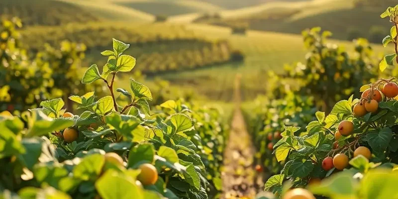 A serene orchard panorama displaying a variety of vibrant fruits and vegetables amidst lush greenery.