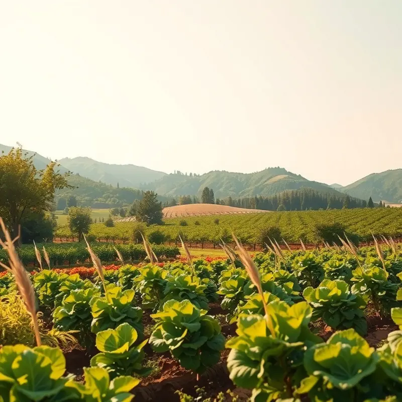 A scenic view of a sunlit field abundant with fresh organic vegetables and fruits.