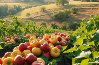 A vast sunlit organic field showcasing various fruits and vegetables in a natural setting.