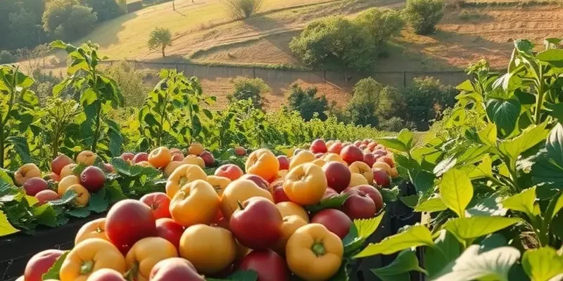 A vast sunlit organic field showcasing various fruits and vegetables in a natural setting.
