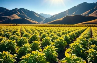 A sunlit Peruvian field filled with a variety of organic vegetables and fruits growing in lush greenery.