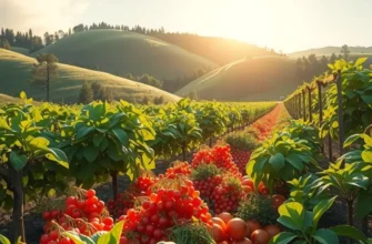 A scenic view of an orchard filled with vibrant vegetables and fruits growing in a natural landscape.