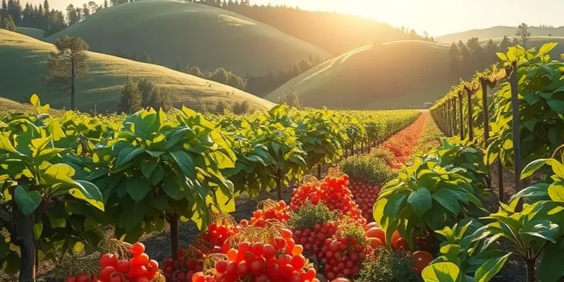 A scenic view of an orchard filled with vibrant vegetables and fruits growing in a natural landscape.