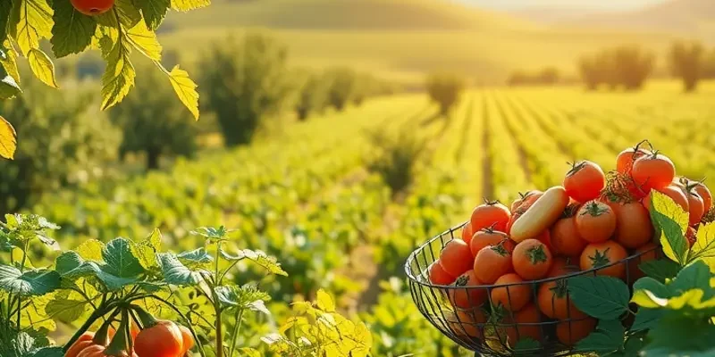 Lush greenery with fields of vibrant vegetables and fruits, representing Poland's rich food traditions.