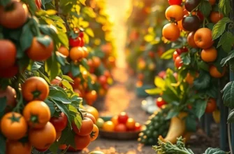A sunlit orchard filled with colorful vegetables and fruits, surrounded by lush greenery.