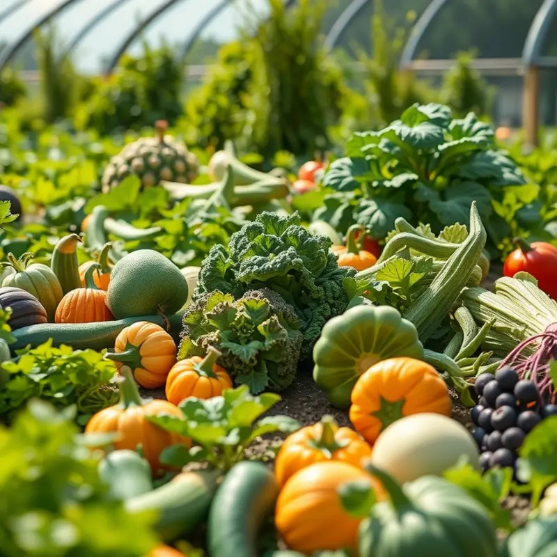 A picturesque orchard brimming with vibrant vegetables under warm sunlight.