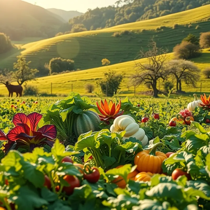 A vibrant sunlit garden showcasing the abundance of vegetables and fruits.