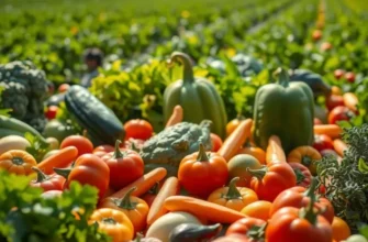 A picturesque landscape filled with rich and vibrant organic produce under soft natural lighting.