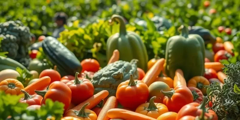 A picturesque landscape filled with rich and vibrant organic produce under soft natural lighting.