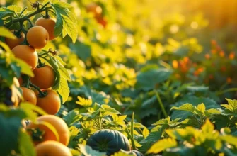 A scenic sunlit field with various fruits and vegetables thriving among lush greenery.