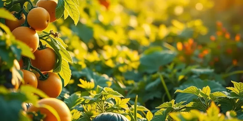 A scenic sunlit field with various fruits and vegetables thriving among lush greenery.