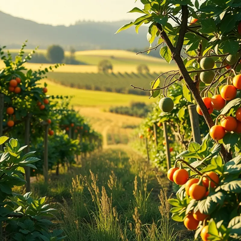 A vibrant field filled with assorted fruits and vegetables basking in sunlight.