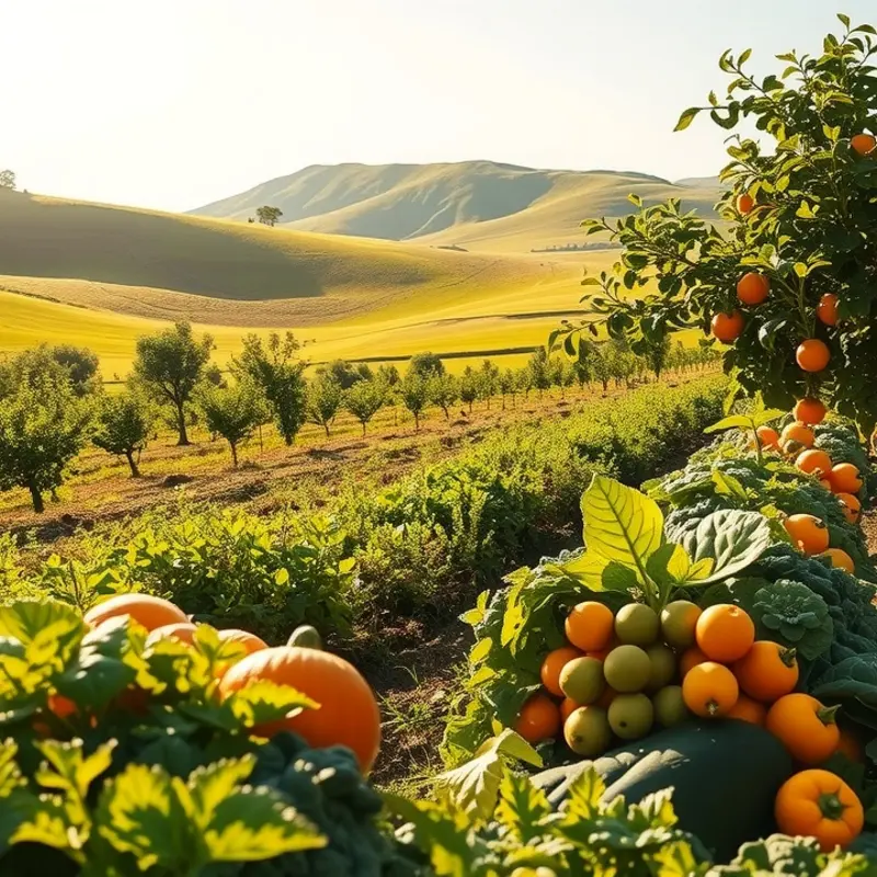 A sunlit field filled with vibrant beans and fresh vegetables ready for harvest.