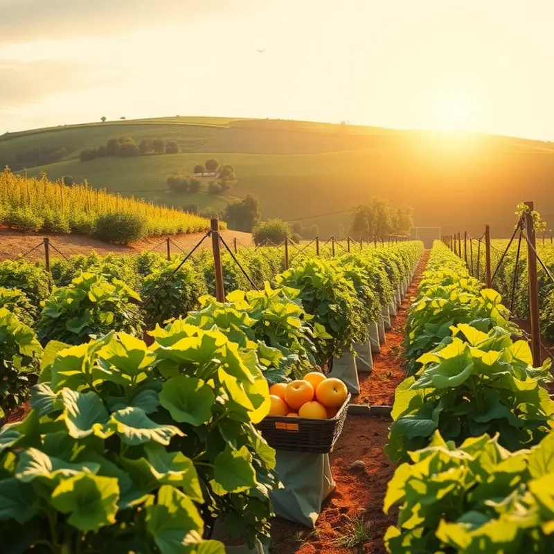 A sunlit field showcasing an abundance of organic vegetables and fruits.