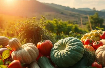 Photorealistic sunlit landscape of a field filled with organic fruits and vegetables.