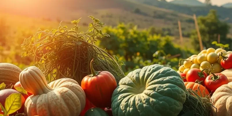 Photorealistic sunlit landscape of a field filled with organic fruits and vegetables.