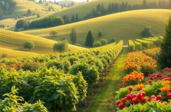 A picturesque sunlit field abundant with organic vegetables and fruits, highlighting the essence of mindful eating.