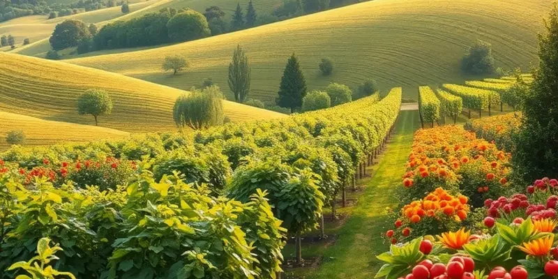 A picturesque sunlit field abundant with organic vegetables and fruits, highlighting the essence of mindful eating.