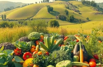 A scenic sunlit landscape filled with organic fruits and vegetables, highlighting natural abundance.