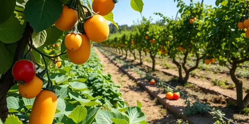 A sunny field showcasing a variety of fresh produce growing abundantly in a natural setting.
