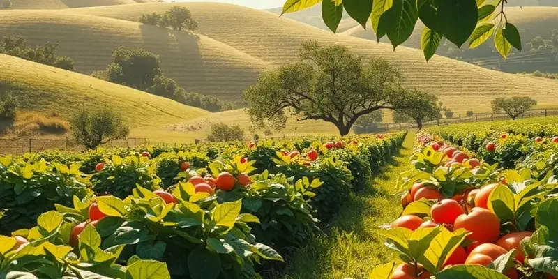 A lush field filled with ripe fruits and vegetables, symbolizing healthy cooking and nutrition.