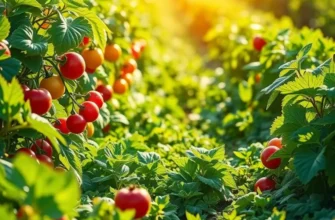 A serene landscape filled with colorful fruits and vegetables, showcasing the abundance of organic produce.