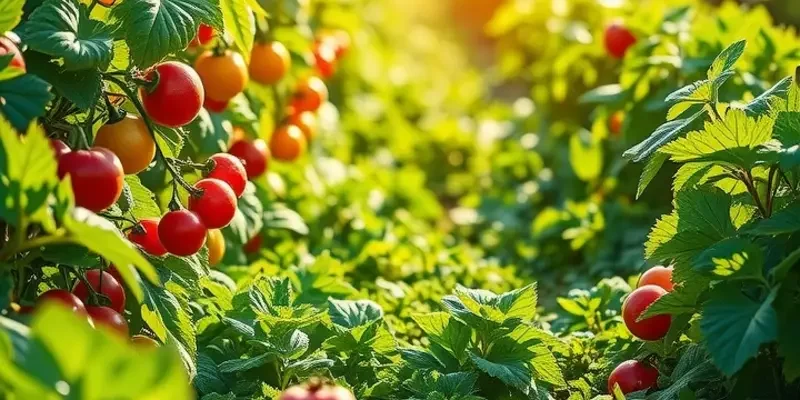 A serene landscape filled with colorful fruits and vegetables, showcasing the abundance of organic produce.