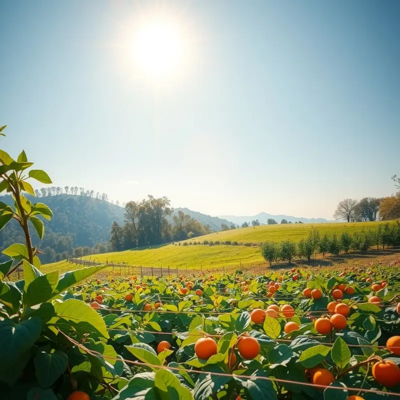 A vibrant sunlit field filled with fresh fruits and vegetables representing healthy eating.