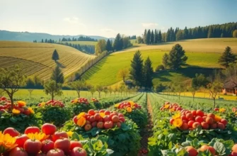 Photorealistic depiction of a sunlit field showcasing a variety of organic produce amongst green landscapes.
