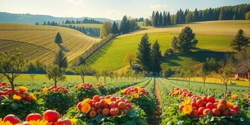 Photorealistic depiction of a sunlit field showcasing a variety of organic produce amongst green landscapes.