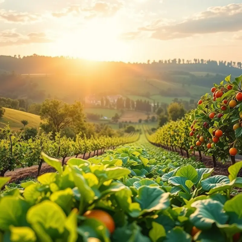 A sunlit field filled with vibrant vegetables and fruits, symbolizing healthy, mindful eating.