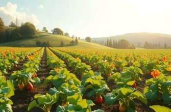 A bright scene depicting an organic orchard with a variety of fruits and vegetables under the sun.