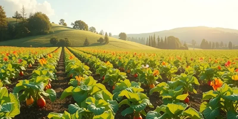 A bright scene depicting an organic orchard with a variety of fruits and vegetables under the sun.