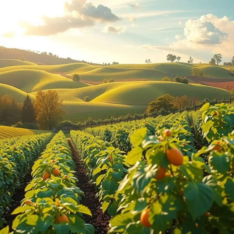 A vibrant sunlit field filled with organic fruits and vegetables.