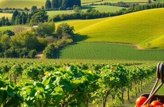A breathtaking sunlit field rich with organic fruits and vegetables, symbolizing the harmony between food and nature.