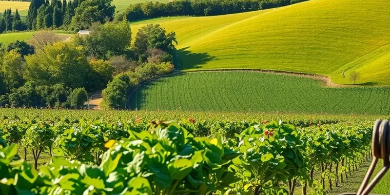 A breathtaking sunlit field rich with organic fruits and vegetables, symbolizing the harmony between food and nature.