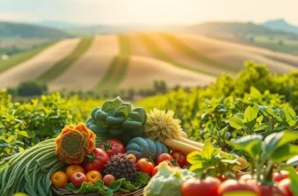 A picturesque sunlit field showcasing a variety of fresh organic fruits and vegetables amidst lush green hills.
