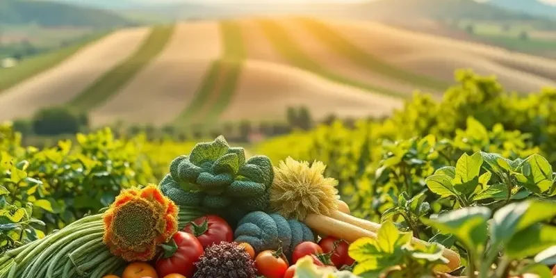 A picturesque sunlit field showcasing a variety of fresh organic fruits and vegetables amidst lush green hills.