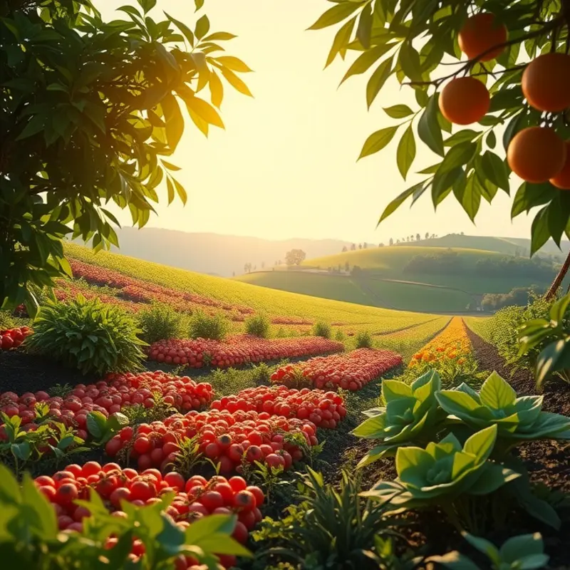 A vibrant sunlit field filled with fresh organic produce.