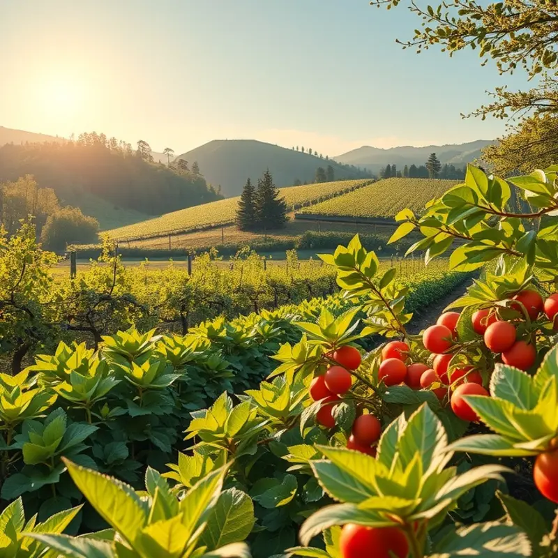 A serene sunlit field showcasing vibrant vegetables and fruits.